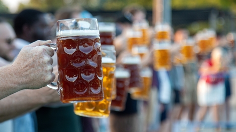 A line of people in a beer mug holding contest during the Oaktoberfest event in Oak Park Michigan.