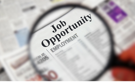 Magnifying glass over a newspaper highlighting the words ‘job opportunity’ and ‘employment.'