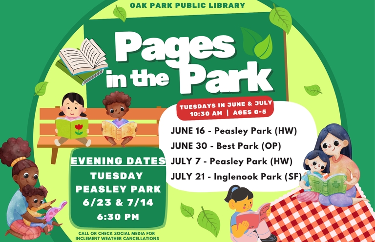 Pages in the Park flyer: join us on Tuesday in June and July at parks in Oak Park, Southfield, and Huntington Woods.  June 16, June 30, July 7, and July 21 at 10:30 am.  June 23 and July 14 at 6:30pm.