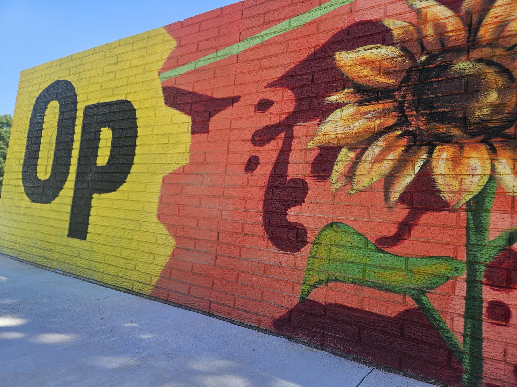 A mural with a large sunflower and the letters OP.