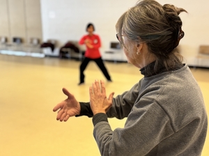 A woman wearing a brown shirt practices tai chi with an instructor in the background.